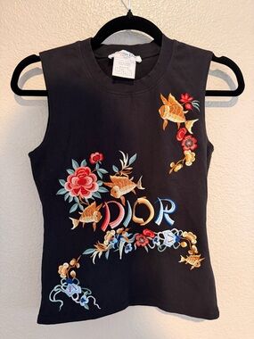 Dior Black Sleeveless Top with Multicolor Koi & Floral Embroidery